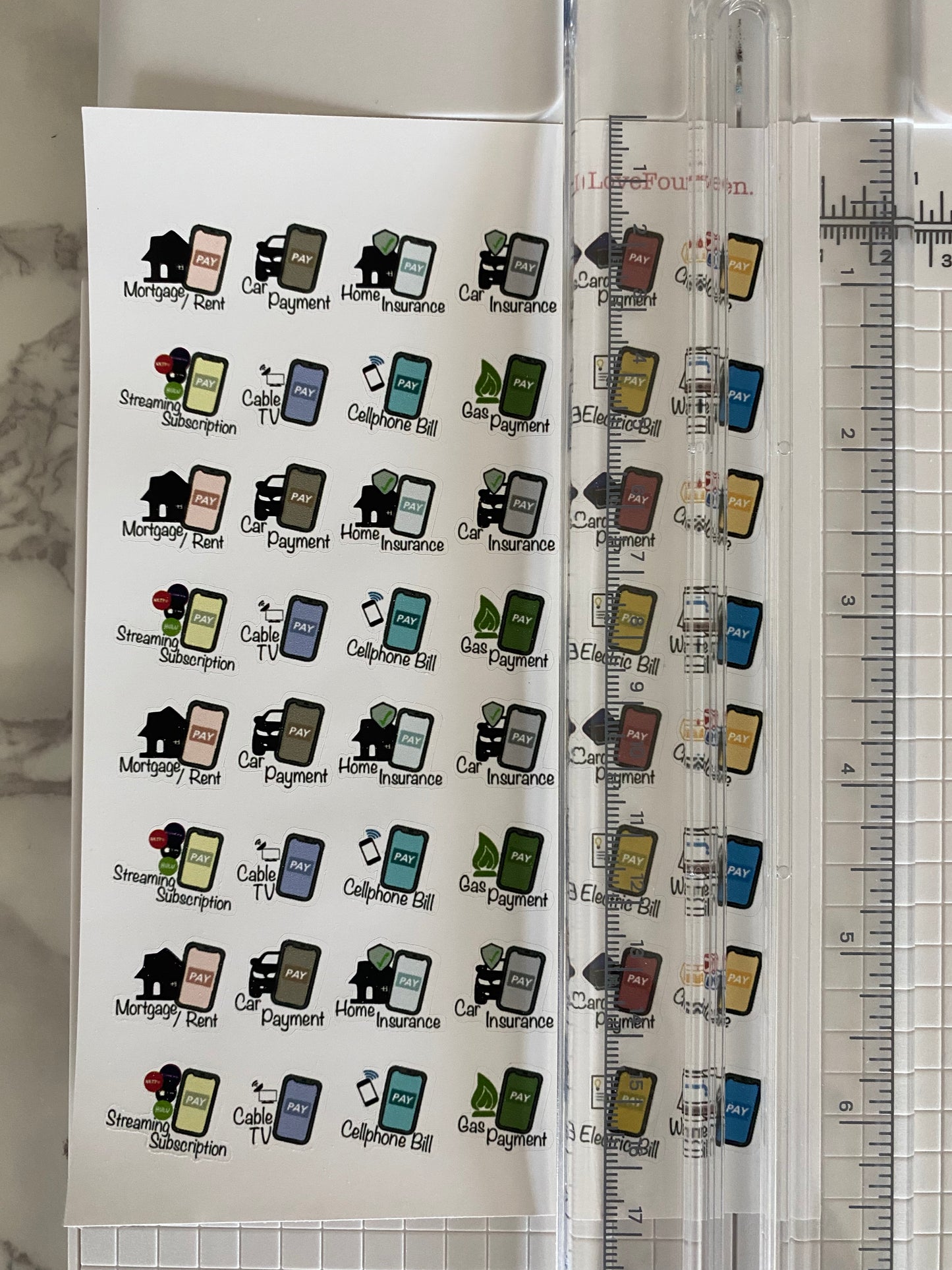 Bills Tracker, Budget Tracker journal sticker sheet with a ruler to show the overall height of the sheet