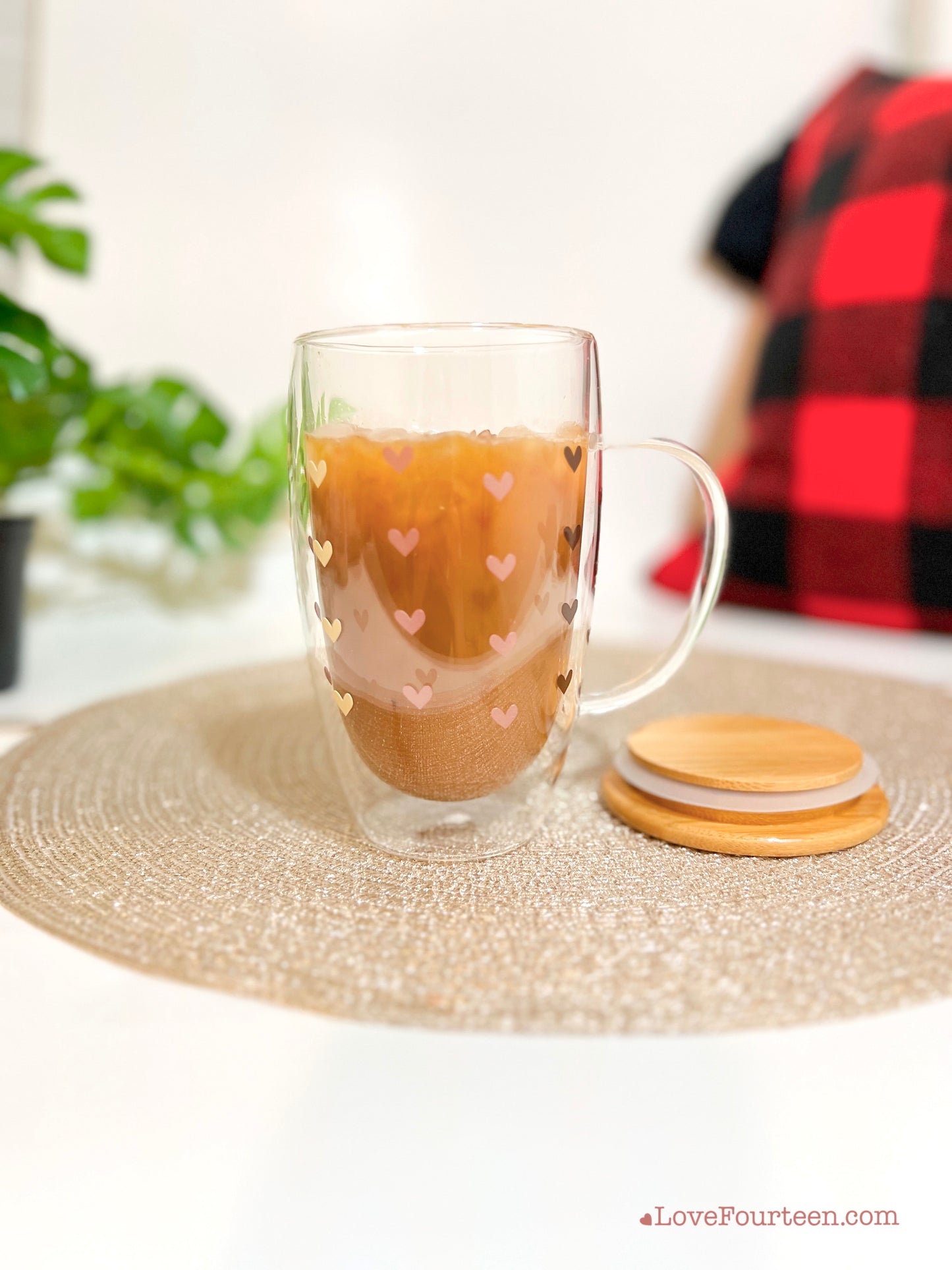 Hearts - Double Walled Insulated Glass Coffee Mug with Bamboo lid and handle (16 oz.)