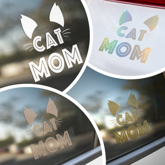 Cat mom car sticker. It shows different colors like white, rose gold, holographic, and gold
