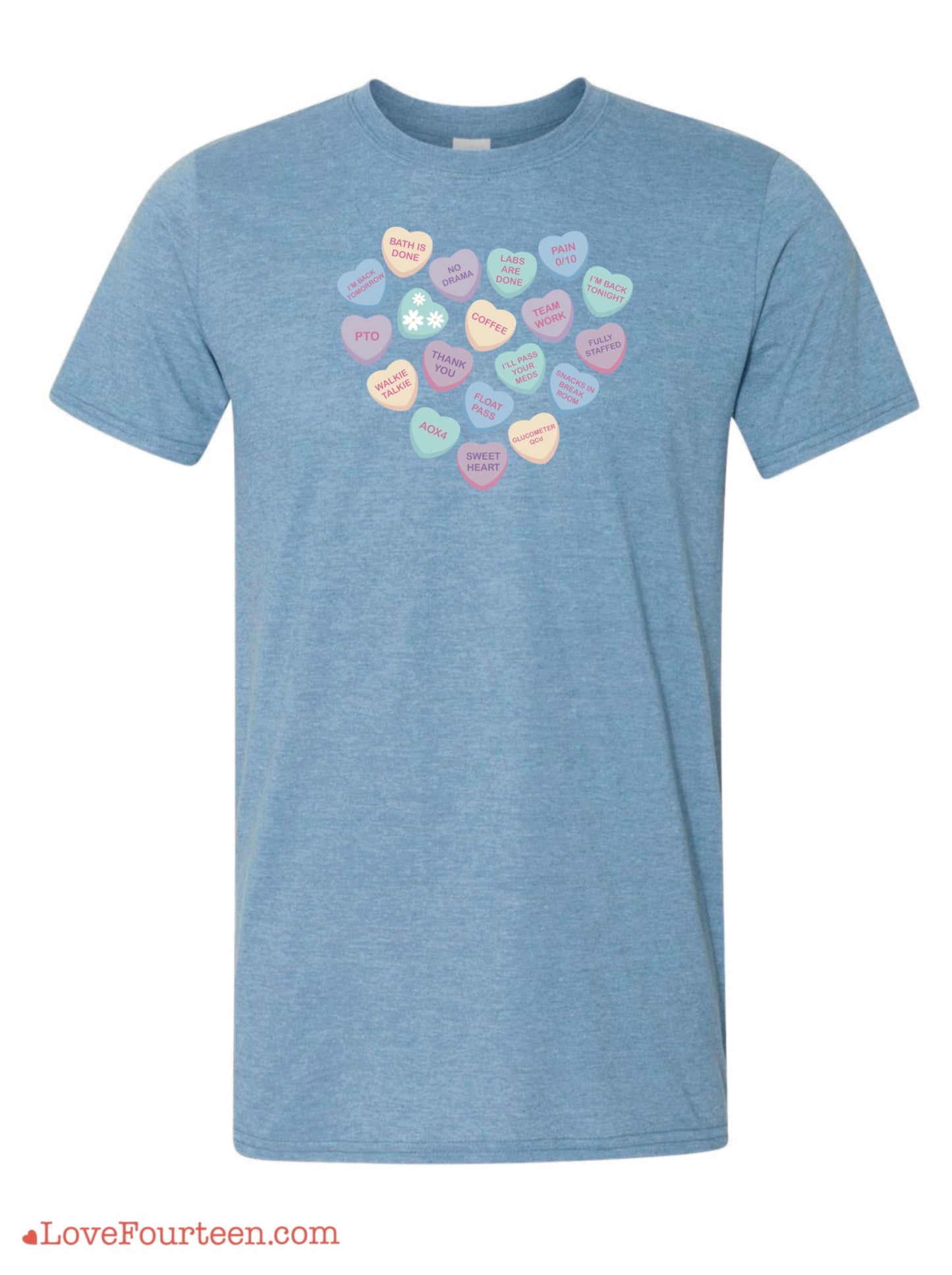 Mockup up of a Blue t-shirt with a candy heart print for healthcare workers