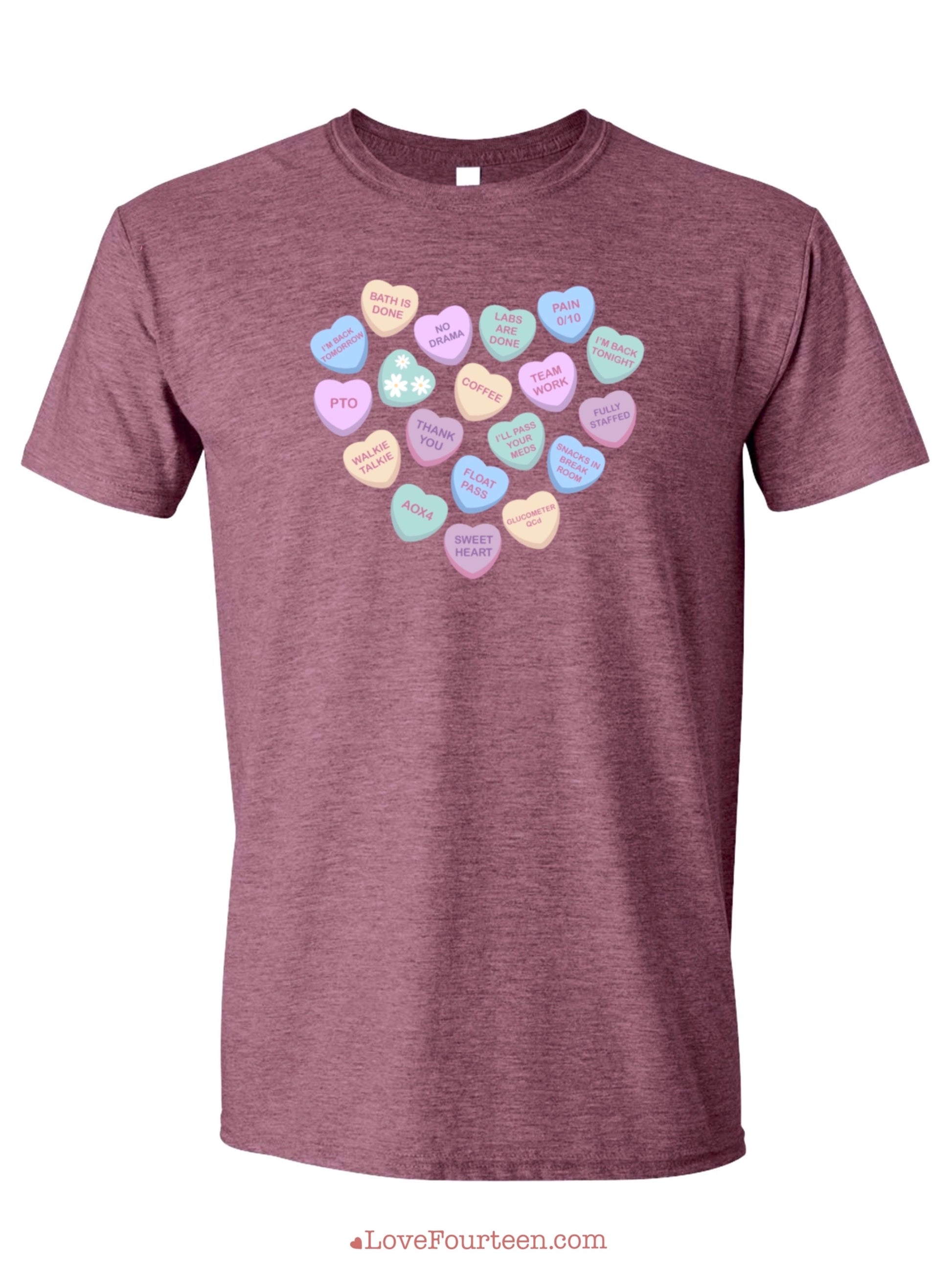 Mockup up of a Maroon t-shirt with a candy heart print for healthcare workers