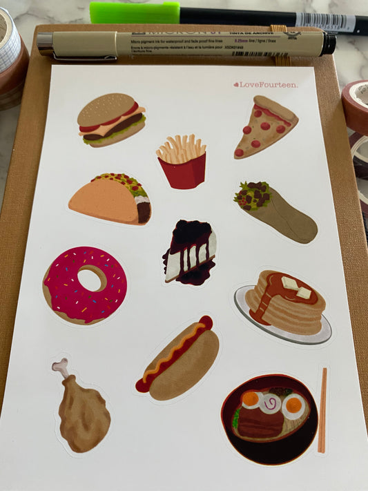 Journal Sticker of comfort food like burger, fries, pizza, tacos, cheesecake, burrito, donut, pancakes, hotdog, chicken, and ramen