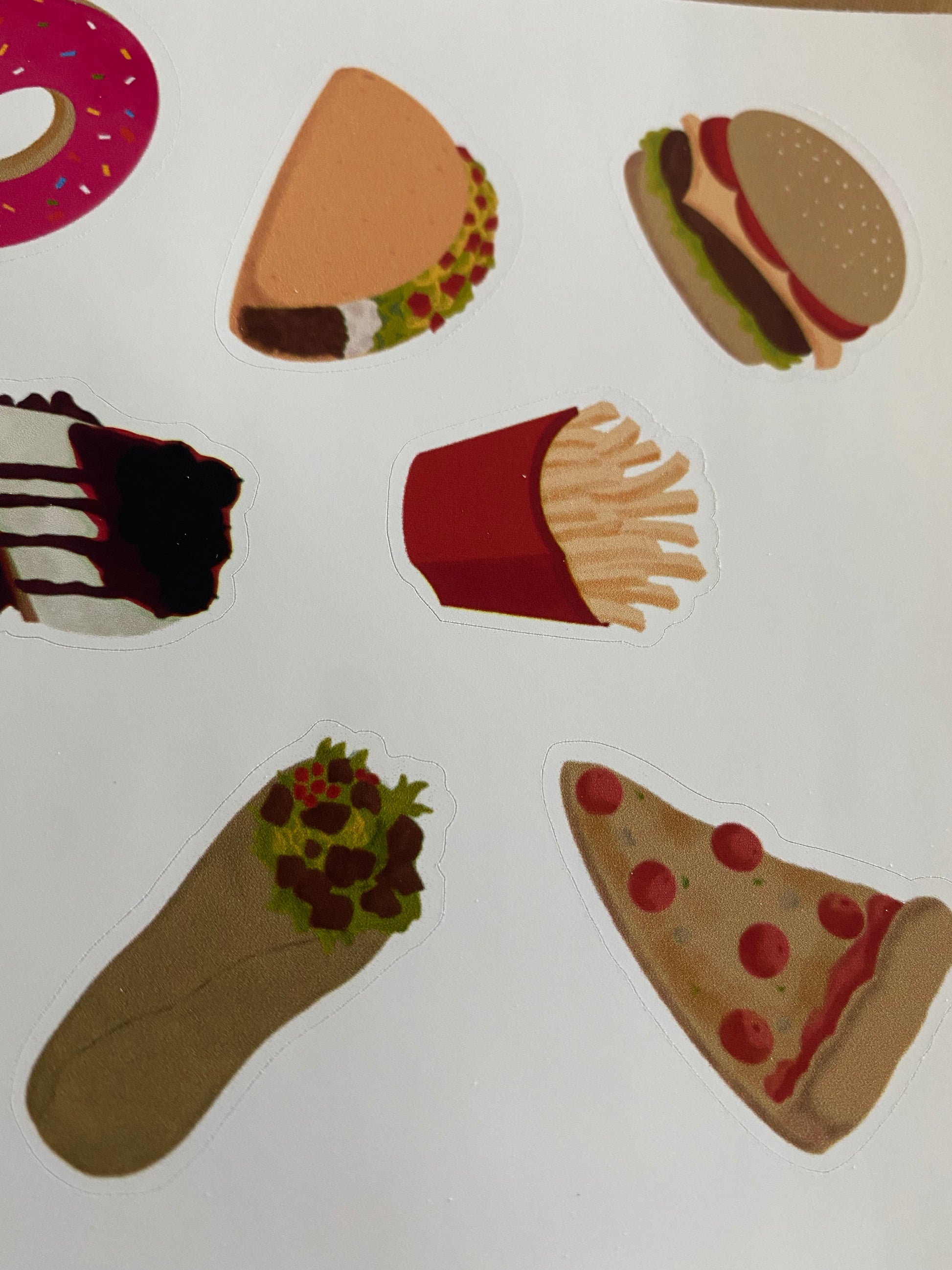 another angle of comfort food journal sticker showing burger, tacos, fries, pizza, burrito, cheesecake and donut