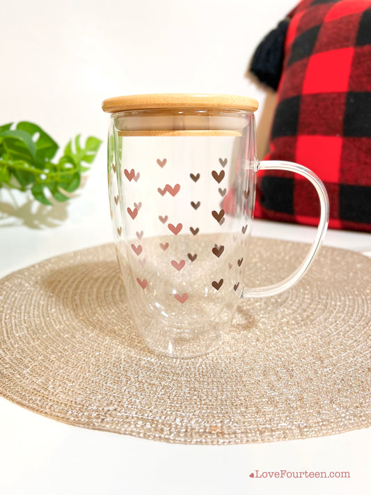 Hearts - Double Walled Insulated Glass Coffee Mug with Bamboo lid and handle (16 oz.)